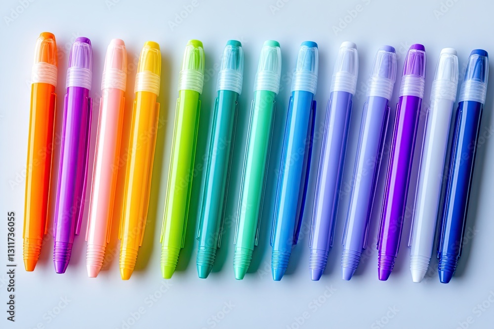 Row of Colorful Pens Arranged in a Rainbow Pattern on a Light Blue Background Row of Colorful Pens Arranged in a Rainbow Pattern on a Light Blue Background