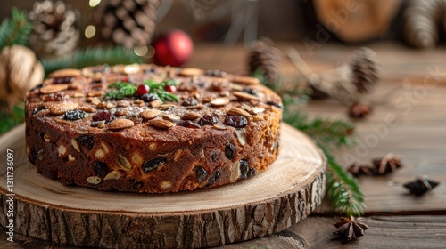 Fototapeta Naklejka Na Ścianę i Meble -  Traditional Dundee cake with dried fruits and almonds on wooden slice surrounded by pine cones and festive decor in warm rustic tones