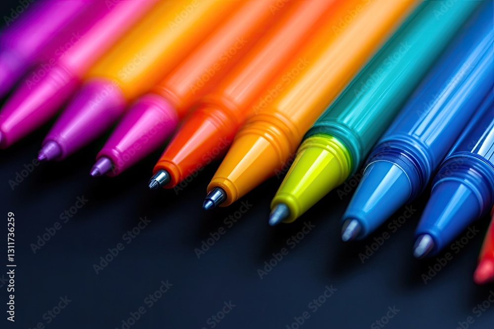 Closeup of vibrant rainbow colored pens arranged in a row on a dark surface Closeup of vibrant rainbow colored pens arranged in a row on a dark surface