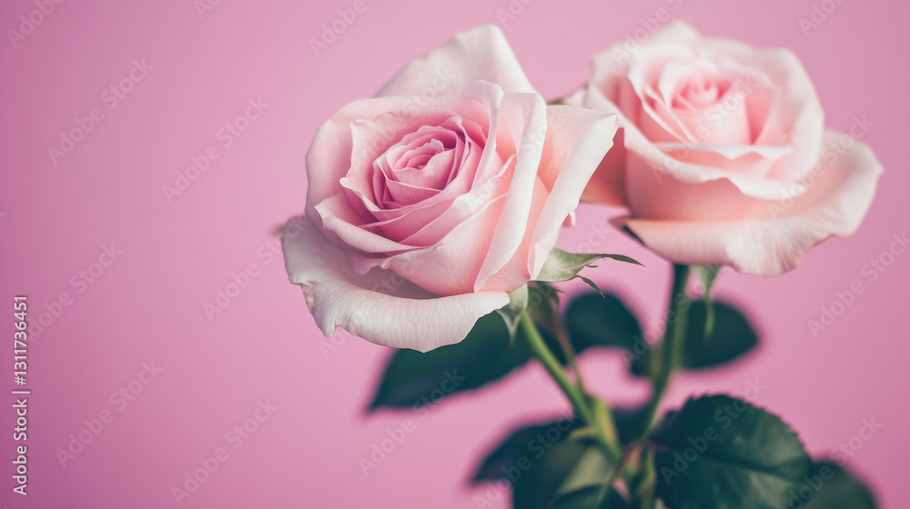 Obraz premium Delicate pink roses against soft pink background in full bloom