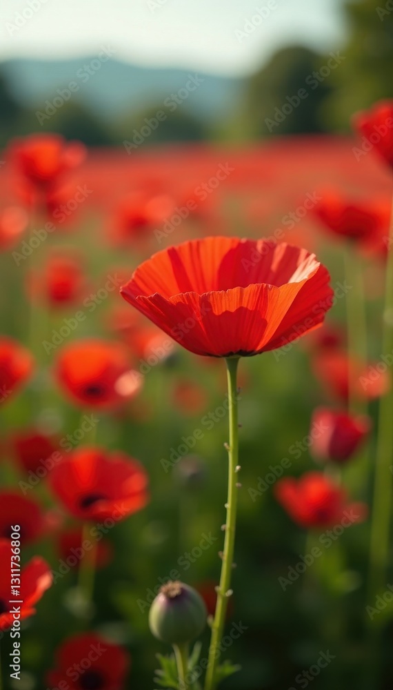 Fototapeta premium Single red flower, slightly larger than surrounding blooms, in expansive red flower field , crimson, red, background