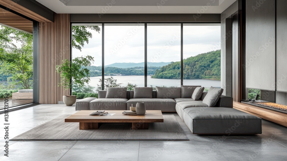 Fototapeta premium Modern living room with lake view (2)