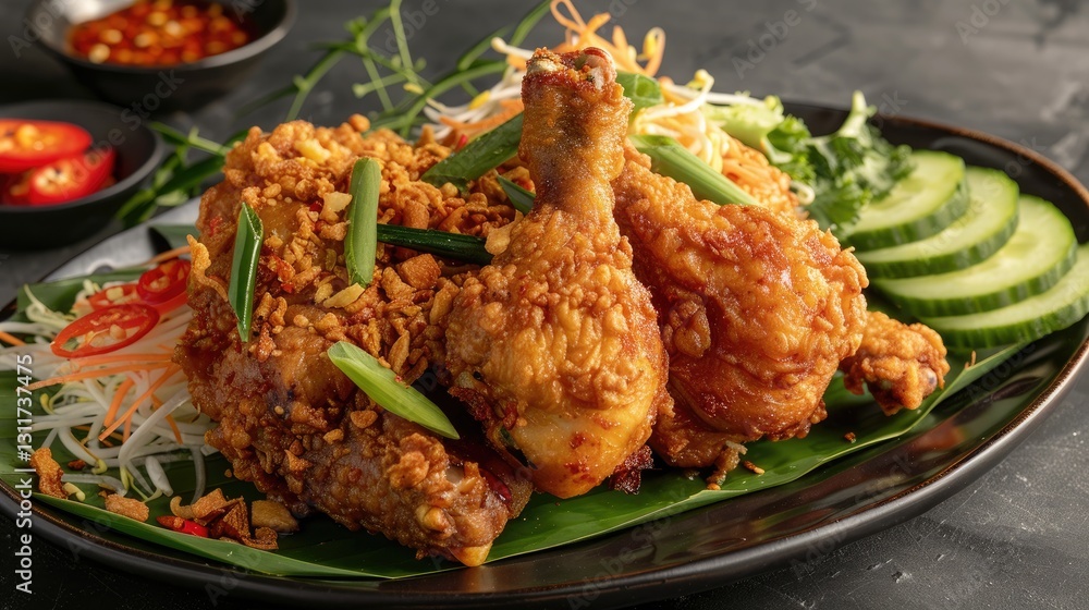 Crispy whole fried chicken garnished with green onions on a black plate, served with fresh cucumbers, chili, and shrimp paste sauce. Crispy whole fried chicken garnished with green onions on a black plate, served with fresh cucumbers, chili, and shrimp paste sauce.