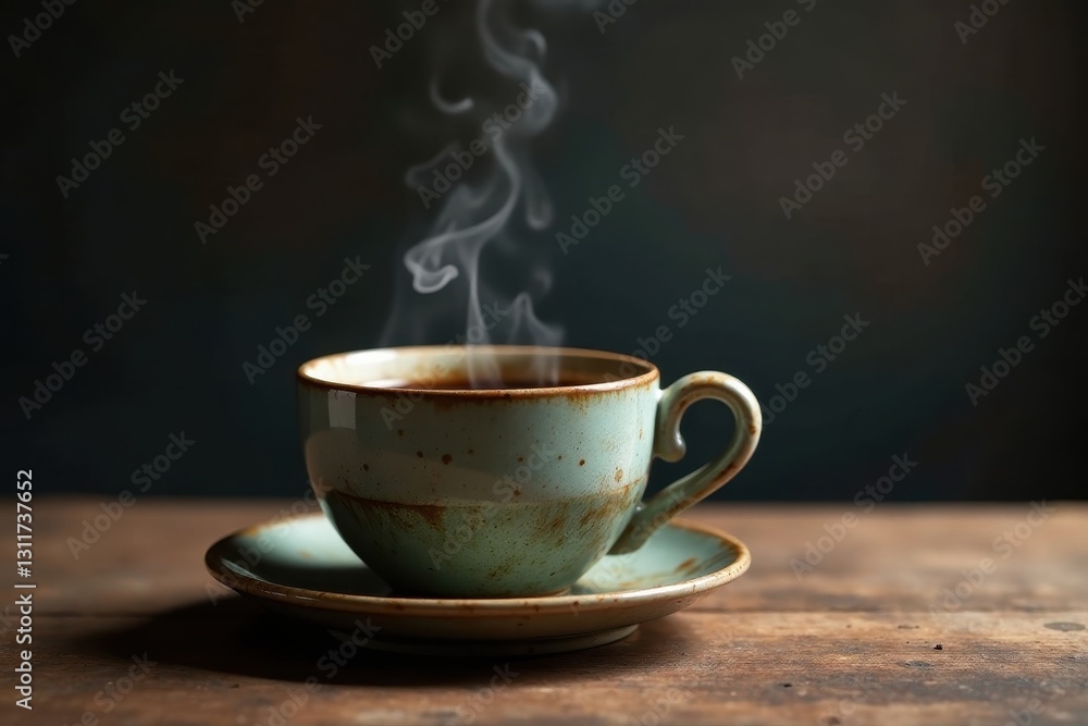 Steaming black coffee in a rustic ceramic cup , minimalist, ceramic, grinder Steaming black coffee in a rustic ceramic cup , minimalist, ceramic, grinder