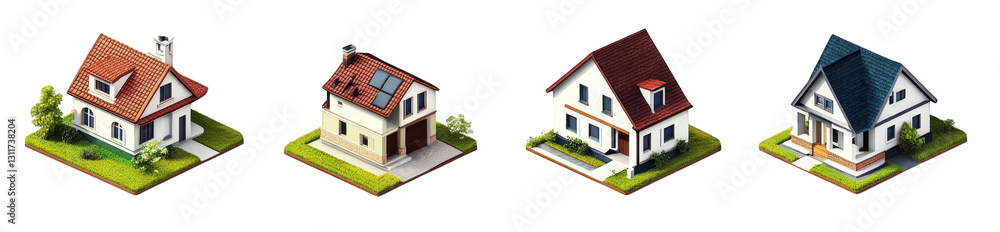 four distinct isometric-style houses. each with unique architectural designs and color schemes they showcase various roof styles. including gabled and flat roofs. and elements like solar panels. empha four distinct isometric-style houses. each with unique architectural designs and color schemes they showcase various roof styles. including gabled and flat roofs. and elements like solar panels. empha