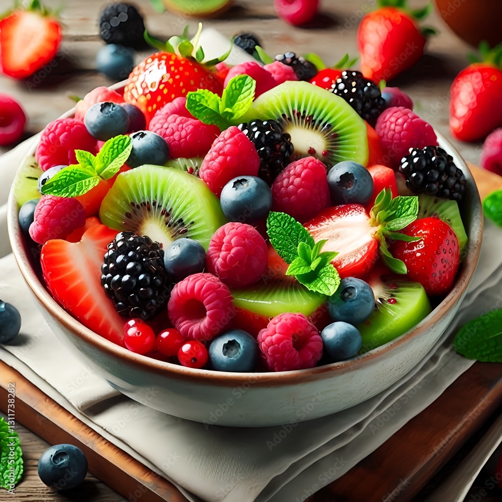 Obraz premium A vibrant smoothie bowl topped with fresh strawberries, mango, blueberries, raspberries, chia seeds, and mint leaves on a rustic wooden table.
