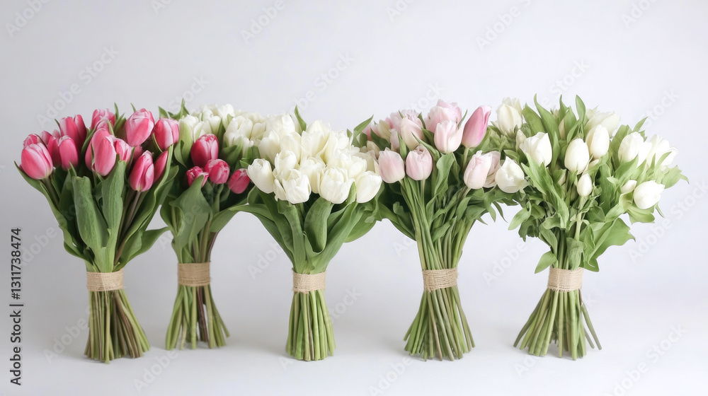 Fototapeta premium Elegant bouquets of pink and white tulips arranged for a minimalistic display