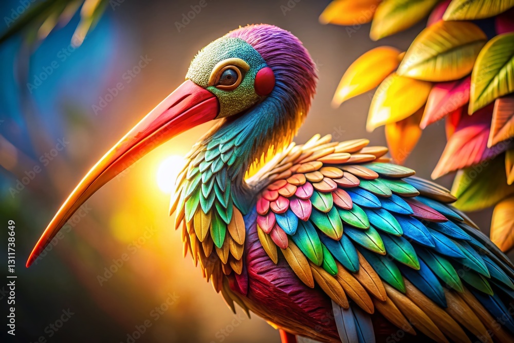 Fototapeta premium Vibrant Wooden Stork Sculpture with Multicolored Feathers - Drone Aerial View