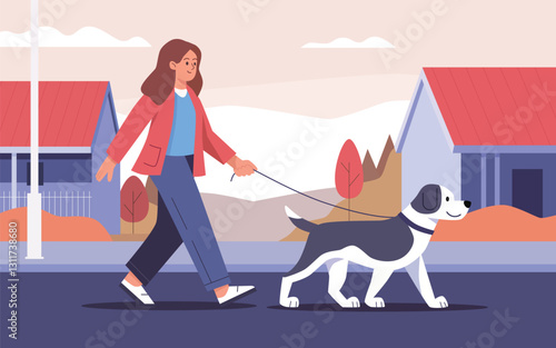 Happy Woman Walking Her Dog