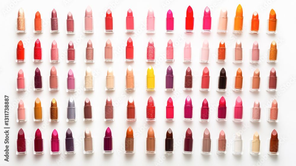 Assorted lipsticks in vibrant hues neatly arranged on white background Assorted lipsticks in vibrant hues neatly arranged on white background
