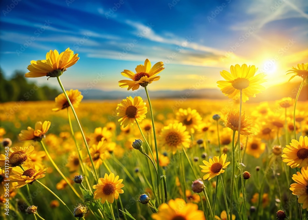 Fototapeta premium Vibrant Yellow Flowers Blooming in Summer Meadow, Copy Space Right