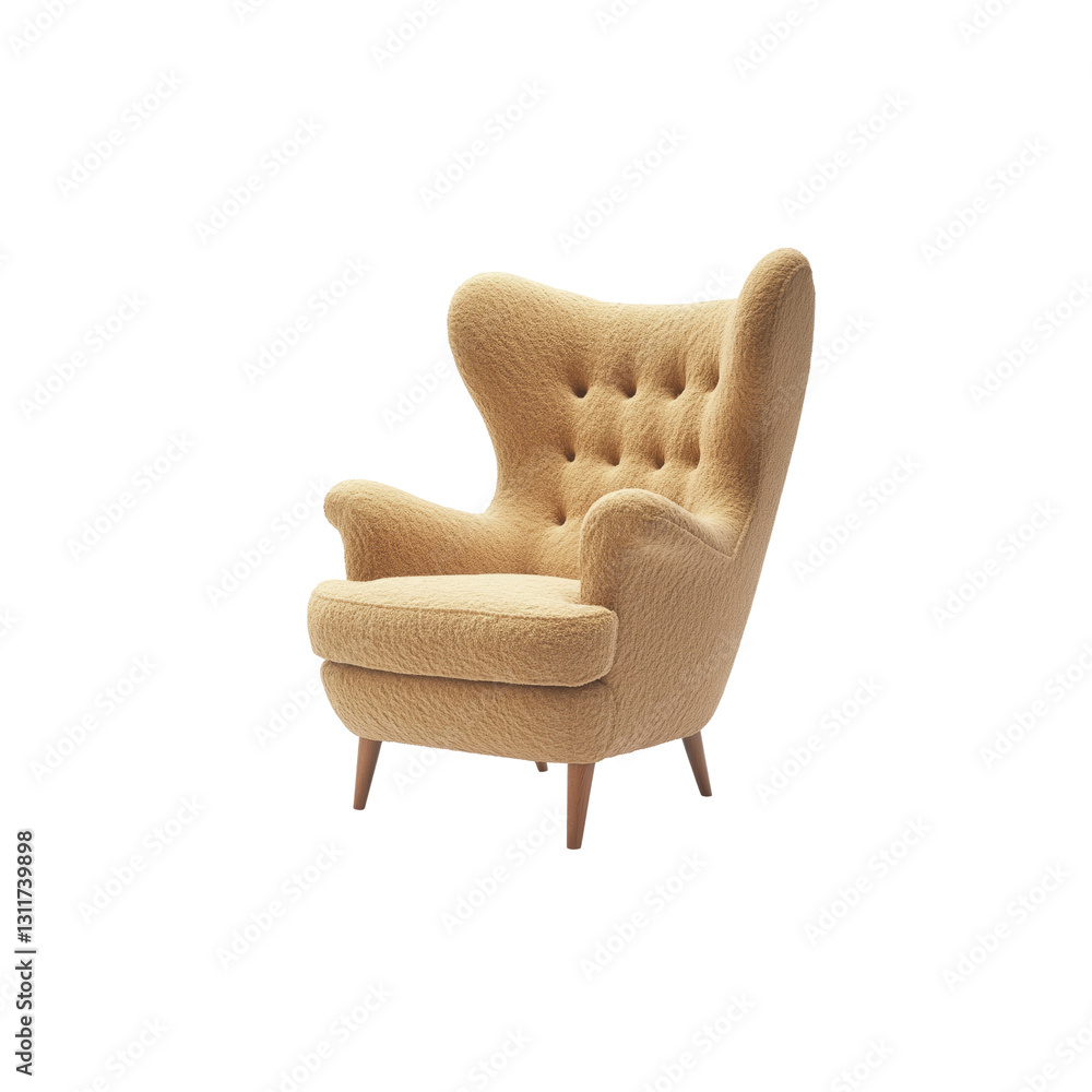 Naklejka premium Plush Beige Wingback Armchair, Modern Scandinavian Design, Comfortable Home Furniture