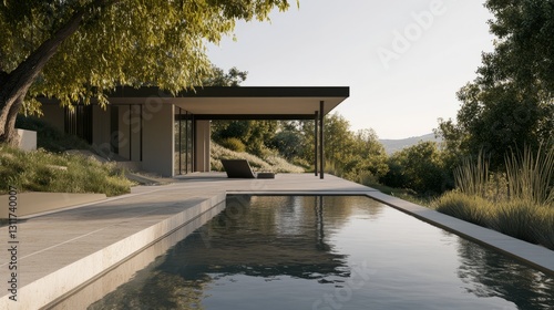 Minimalist architectural style of architecture, showing a pure and shocking b...