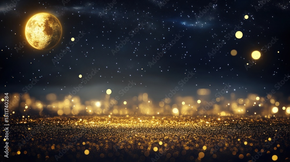 Naklejka premium Golden Celestial Night: A Sparkling Lunar Landscape