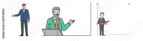 Host Man Talking vectors, The studio setting is lively, with the presenter professionally guiding the discussion while the guest shares their experiences. The interview captures the attention.
