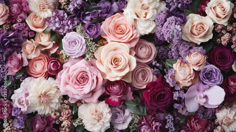 A delicate bouquet of roses in soft shades of pink, purple, and cream. The variety of blooms creates a romantic, pastel-toned floral arrangement, perfect for design and decoration needs.. AI A delicate bouquet of roses in soft shades of pink, purple, and cream. The variety of blooms creates a romantic, pastel-toned floral arrangement, perfect for design and decoration needs.. AI