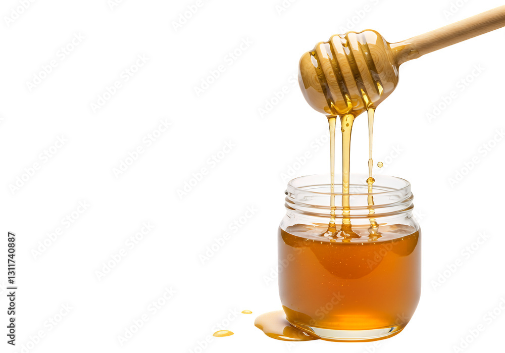 Honey Dripping from Wooden Dipper into Glass Jar isolated on white or transparent png background Honey Dripping from Wooden Dipper into Glass Jar isolated on white or transparent png background
