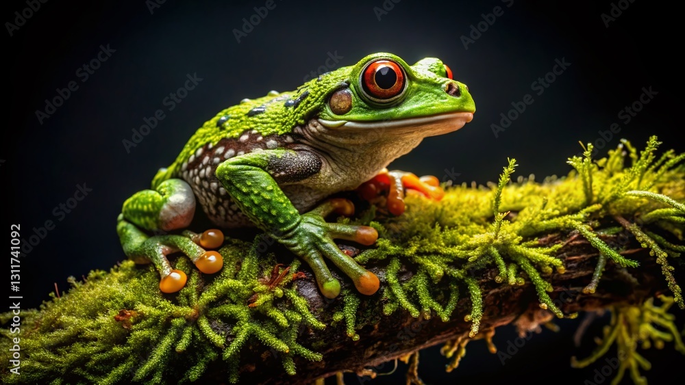 Obraz premium Vietnamese Mossy Frog on Branch - Isolated Black Background Stock Photo