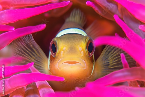 A captivating close-up of a clownfish amidst the vibrant pink tentacles of its anemone home, showcasing the symbiotic relationship in its natural habitat. photo