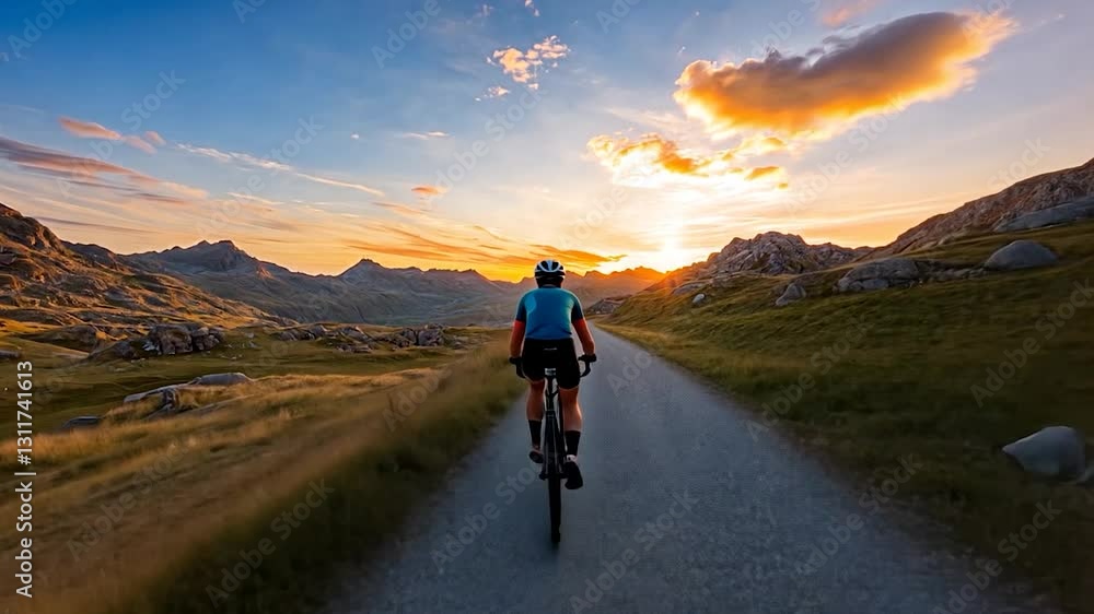 Cyclist riding along a scenic mountain road at sunset, surrounded by dramatic landscapes Cyclist riding along a scenic mountain road at sunset, surrounded by dramatic landscapes
