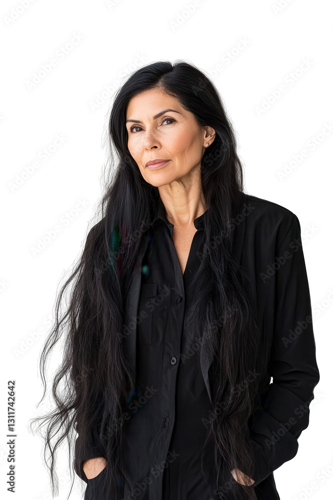 Woman with long black hair in stylish outfit posing confidently on isolated white background, portrait of modern beauty and fashion, self-expression and elegance Woman with long black hair in stylish outfit posing confidently on isolated white background, portrait of modern beauty and fashion, self-expression and elegance