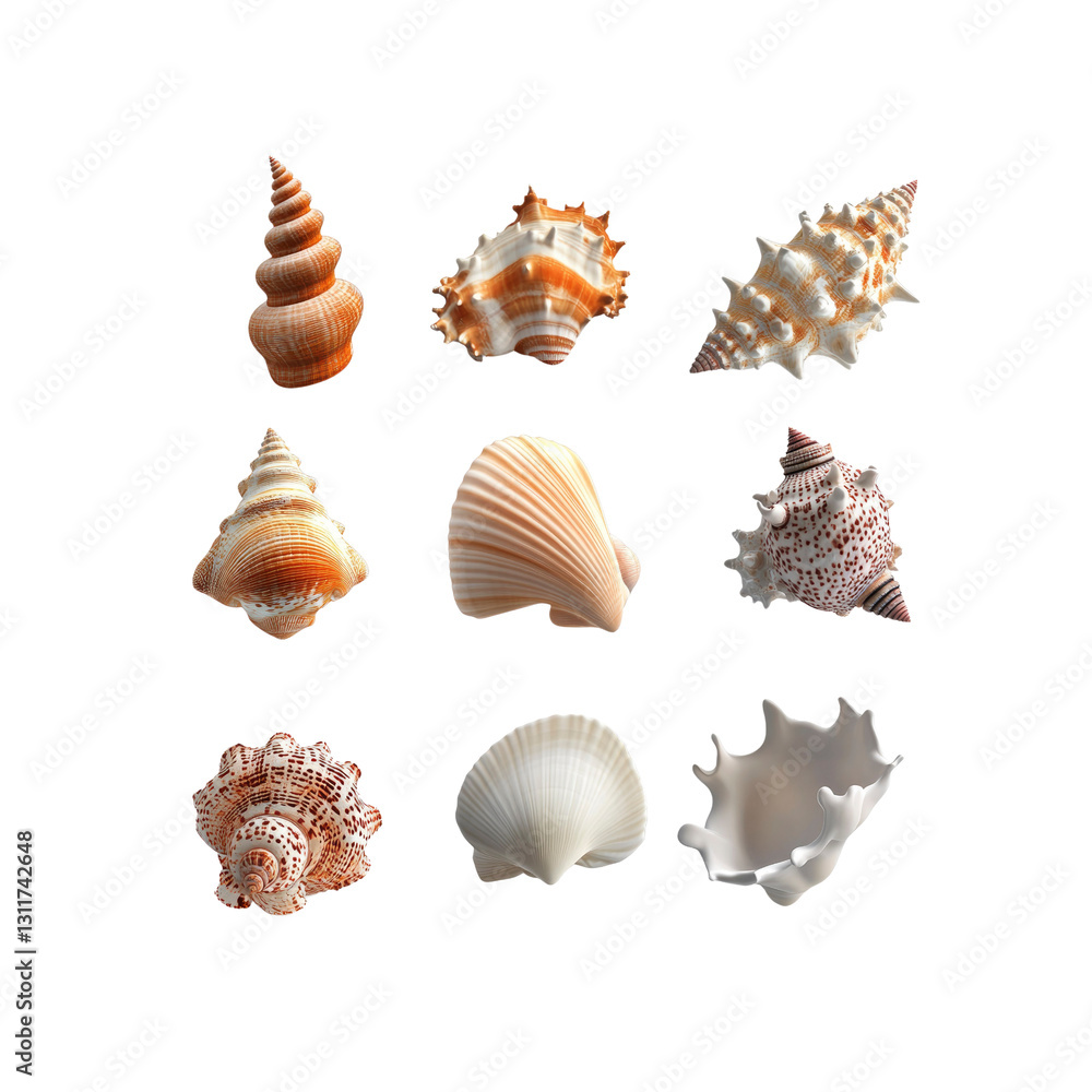 Collection of Nine Diverse Seashells on White Background Collection of Nine Diverse Seashells on White Background