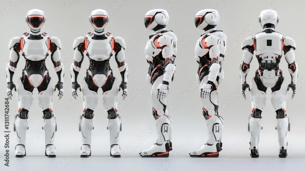 Fototapeta premium Multiple angles of sleek humanoid robots are shown in full-body view, featuring red and white designs. These futuristic robots represent advanced artificial intelligence and cutting-edge robotics.. AI