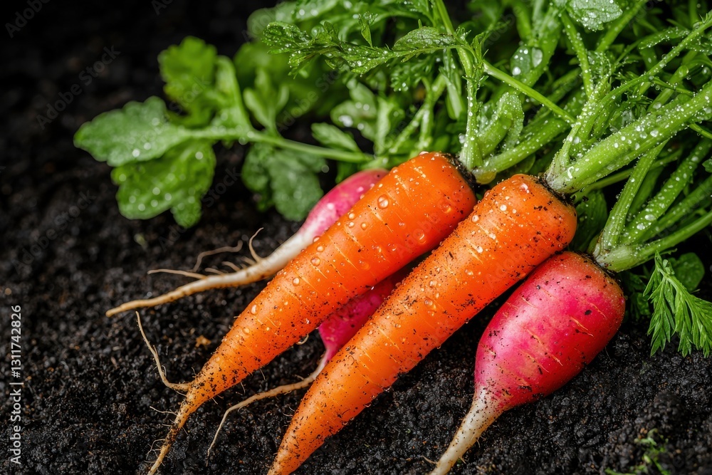 Two fresh carrots and radishes covered in water droplets and soil next to green leaves on top of dark dirt, perfect for advertising organic farms. Two fresh carrots and radishes covered in water droplets and soil next to green leaves on top of dark dirt, perfect for advertising organic farms.
