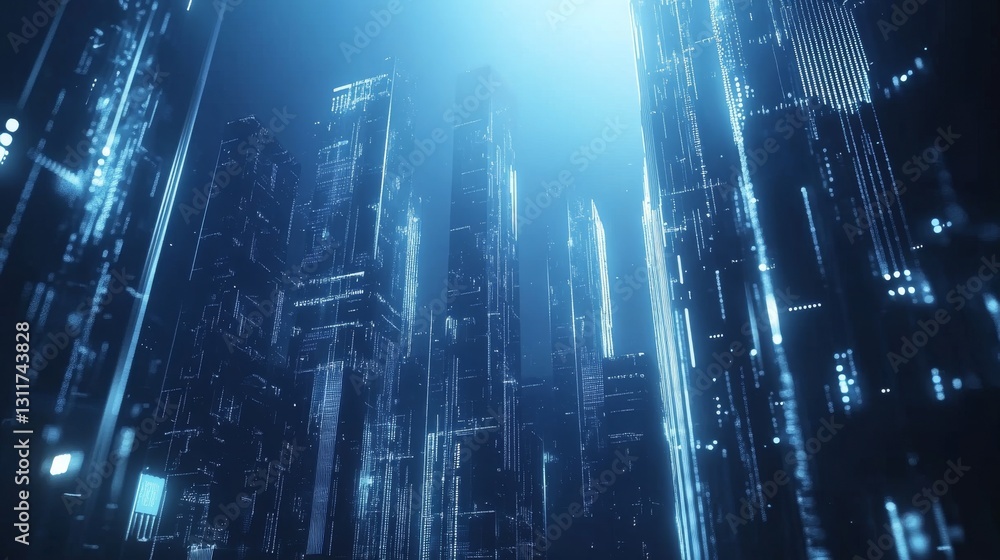 A digital cityscape of towering skyscrapers glowing in the night with high-tech lights. The scene captures the essence of a futuristic city with tall structures, digital architecture, and a vibrant A digital cityscape of towering skyscrapers glowing in the night with high-tech lights. The scene captures the essence of a futuristic city with tall structures, digital architecture, and a vibrant