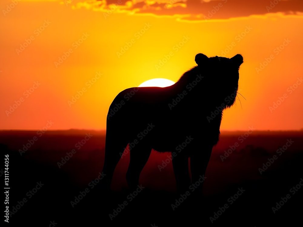 A silhouette of a lion set against a breathtaking golden sunset over a vast savanna A silhouette of a lion set against a breathtaking golden sunset over a vast savanna
