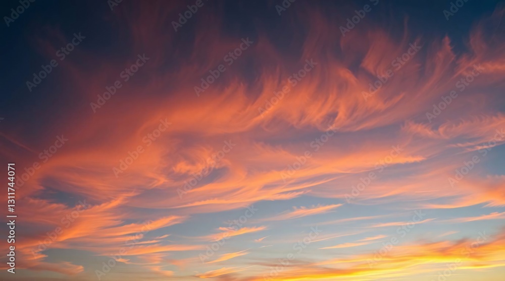 Fototapeta premium Vibrant Sunset with Wispy Cirrus Clouds - High-Resolution Panoramic Stock Photo