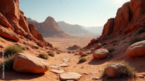 Wallpaper Mural A sun-drenched path winds through a breathtaking desert canyon, flanked by ancient sandstone formations, leading towards a vast, expansive panorama Torontodigital.ca