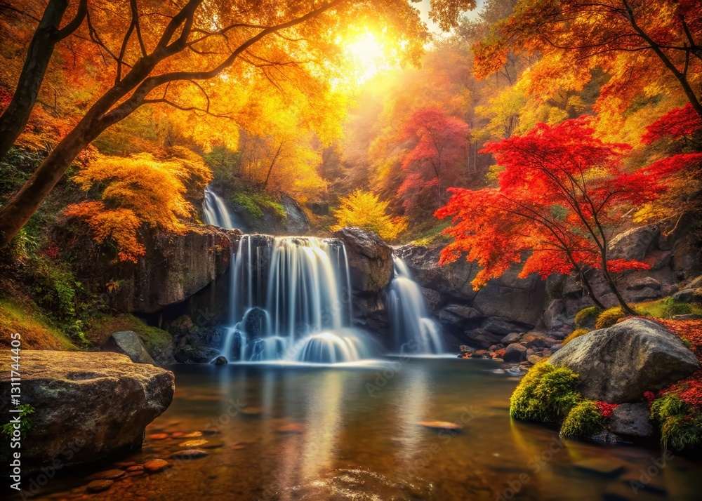 Obraz premium Vintage Autumn Waterfall Baekryeong National Park South Korea - Scenic Fall Foliage