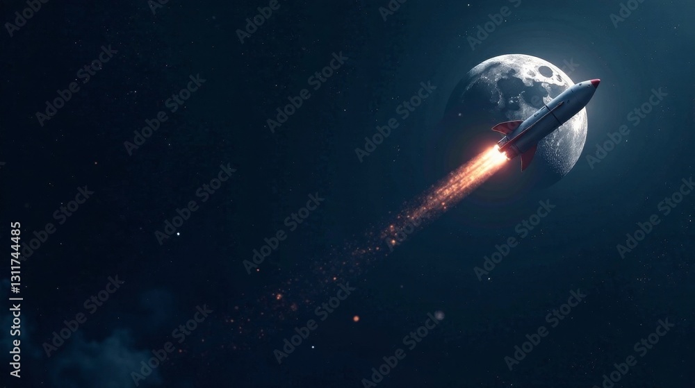 A powerful rocket ascends into the vast expanse of space, leaving a fiery trail against the backdrop of a celestial body. A powerful rocket ascends into the vast expanse of space, leaving a fiery trail against the backdrop of a celestial body.