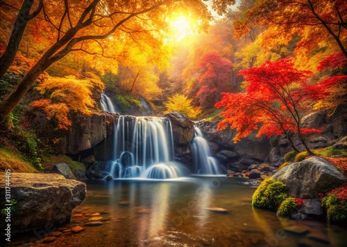 Vintage Autumn Waterfall Baekryeong National Park South Korea - Scenic Fall Foliage