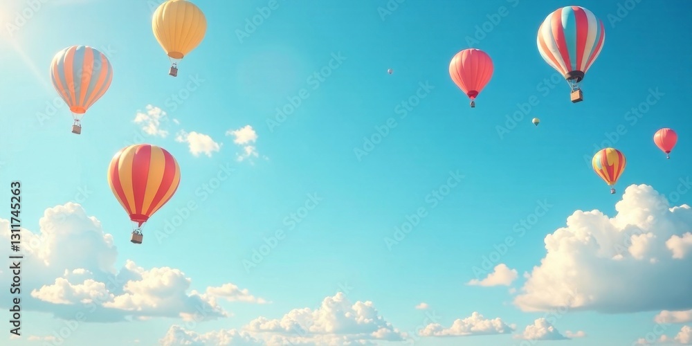 Naklejka premium Serene Summer Sky A Collection of Colorful Hot Air Balloons Soaring Gracefully Amidst Fluffy White Clouds on a Bright Sunny Day