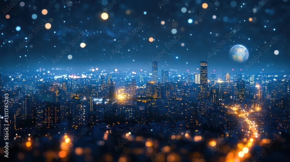 Fototapeta premium Night Cityscape Underneath a Starry Sky and a Full Moon