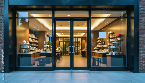 Modern gift shop interior with organized displays and elegant decor lit by warm light