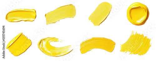 various strokes of yellow paint on a white background. showcasing different textures and applications of the color this collection can be used for design inspiration. art projects. or as a color refer