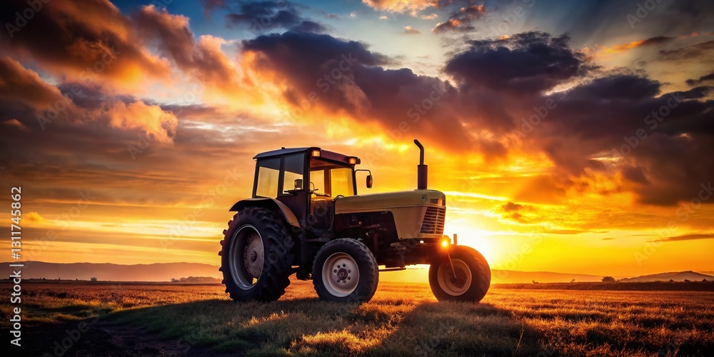 Obraz premium Vintage Black Tractor Silhouette at Sunset: Nostalgic Farming Scene