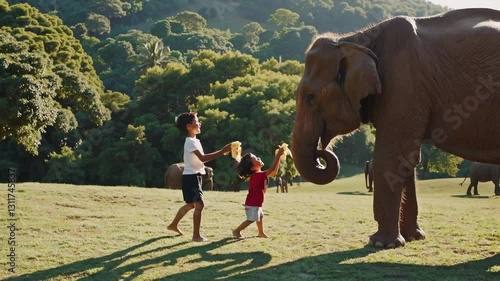 Two young boys in Thailand stand on lush green field, feeding gentle elephant ripe bananas. Majestic elephant extends its trunk, enjoying interaction in this heartwarming moment. Thailand wildlife 