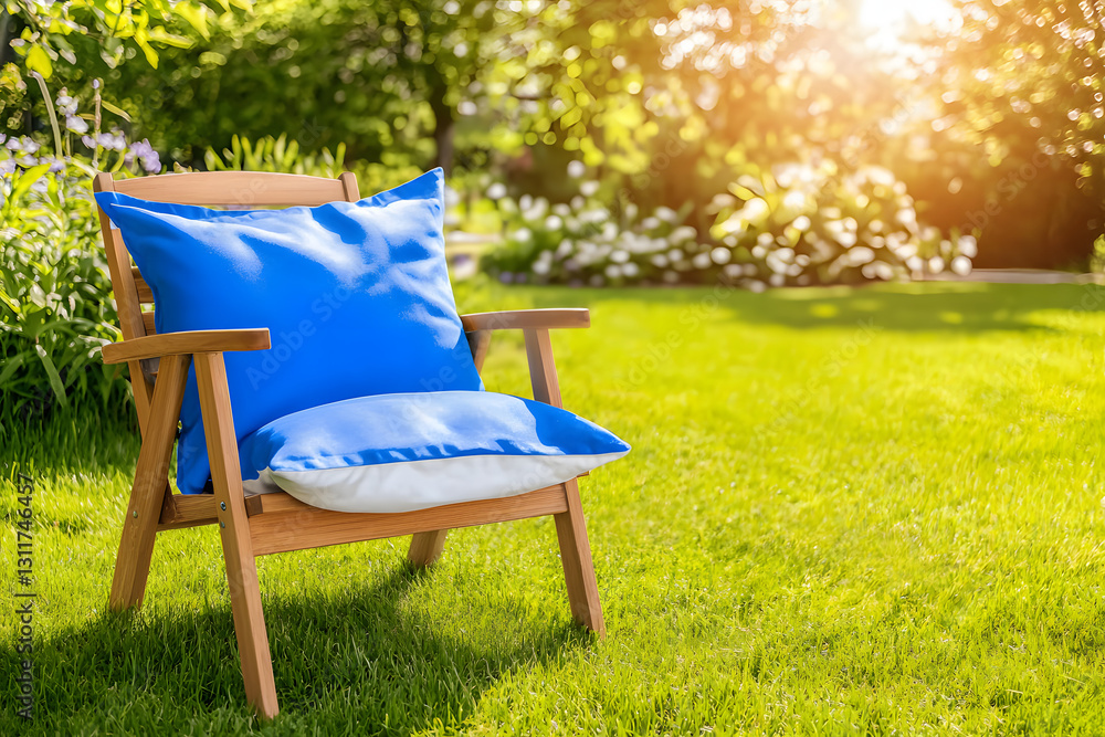 Fototapeta premium Serene wooden garden chairs with azure cushions, dappled sunlight filtering through verdant backyard