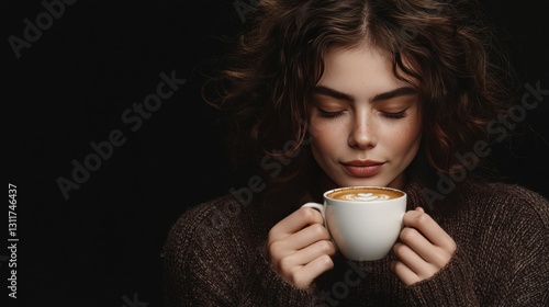 Wallpaper Mural A young woman with curly hair savoring a hot cup of coffee. The dim lighting and her relaxed expression create a warm and intimate atmosphere, perfect for relaxation themes.. AI Generation Torontodigital.ca
