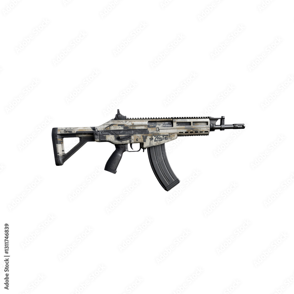 Modern Assault Rifle with Camouflage Pattern - Isolated on White Background Modern Assault Rifle with Camouflage Pattern - Isolated on White Background