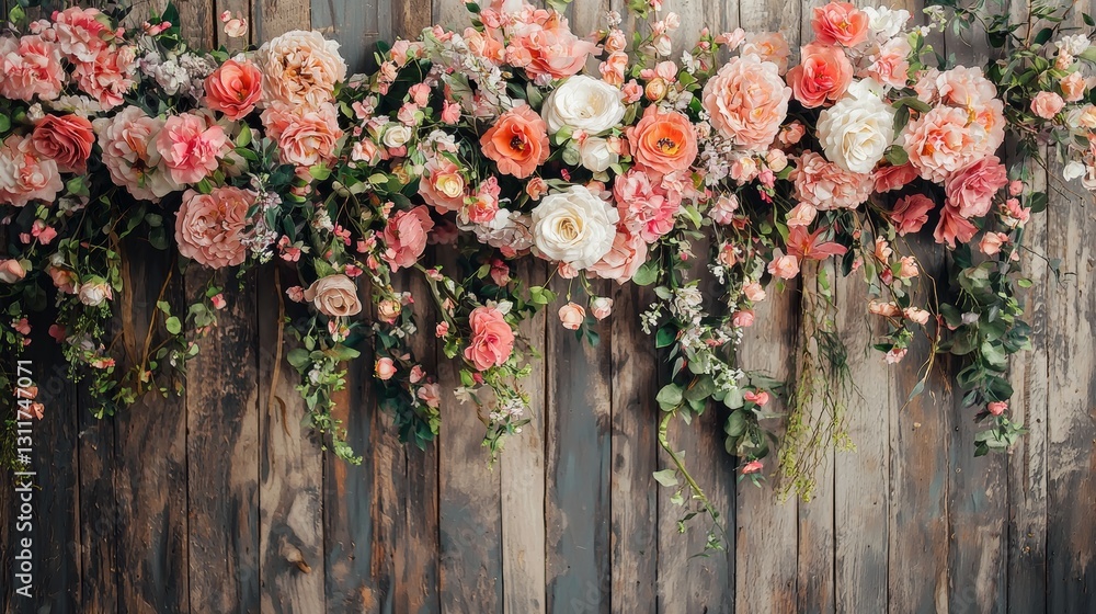 Floral Arrangement on Rustic Wooden Background: A Stunning Display of Peach and Pink Blossoms Floral Arrangement on Rustic Wooden Background: A Stunning Display of Peach and Pink Blossoms