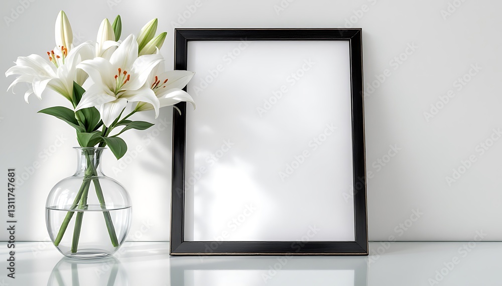 Blank Frame Mockup with White Lily Flowers in Vase on Table Blank Frame Mockup with White Lily Flowers in Vase on Table