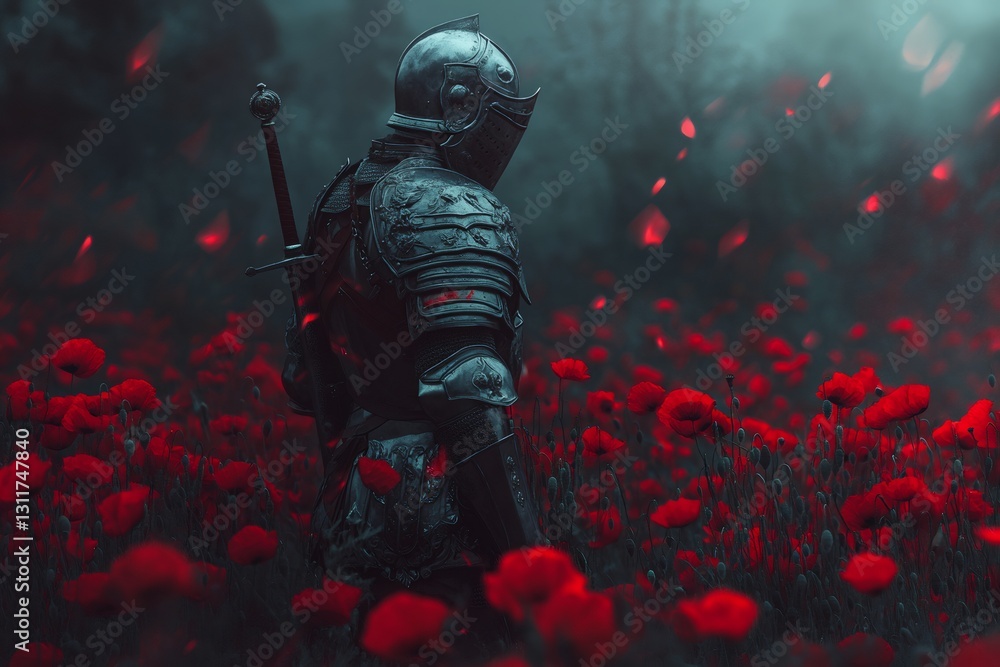 Naklejka premium Knight Among Poppies: A lone knight in full armor stands amidst a sea of vibrant red poppies, his sword sheathed at his back, a haunting and dramatic scene of solitude and reflection.