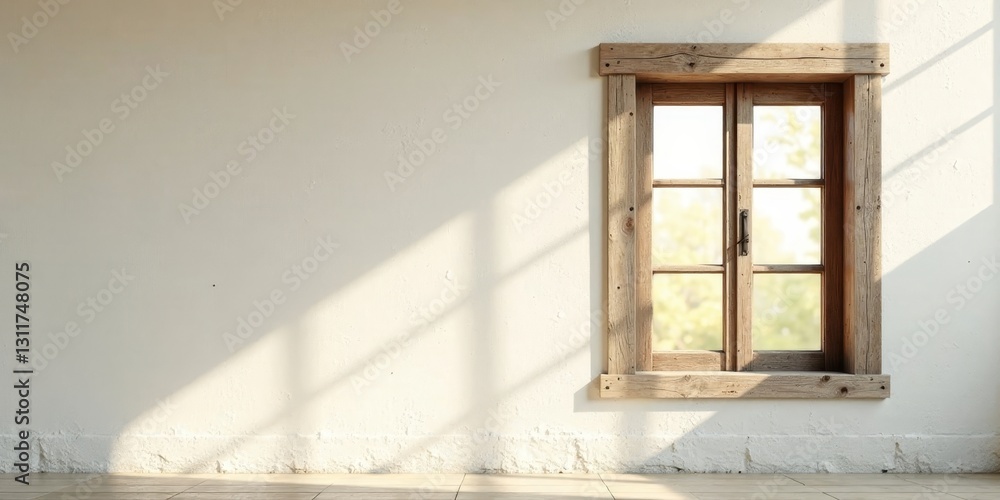 Obraz premium Rustic Wooden Window Frame Illuminates a Simple Interior Space with Soft Sunlight Casting Shadows on a Light-Colored Wall