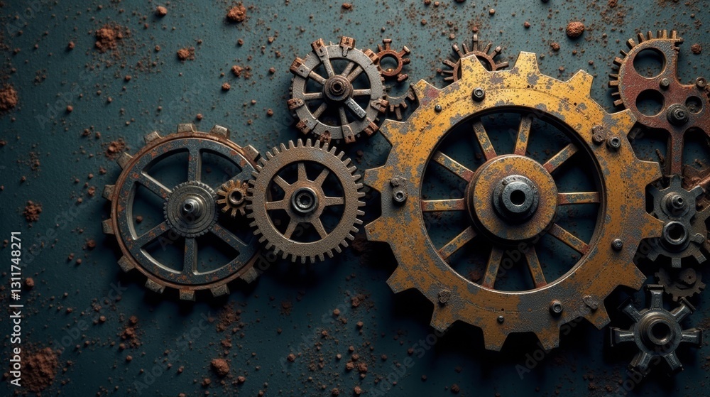 Fototapeta premium Rustic Industrial Gears and Cogwheels Intermeshed on a Dark Surface with Scattered Brown Dust