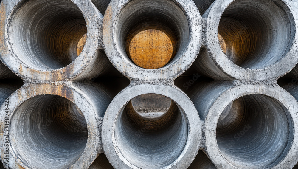 Overhead view showcases several circular concrete pipes aligned in a grid formation, reflecting an organized construction area